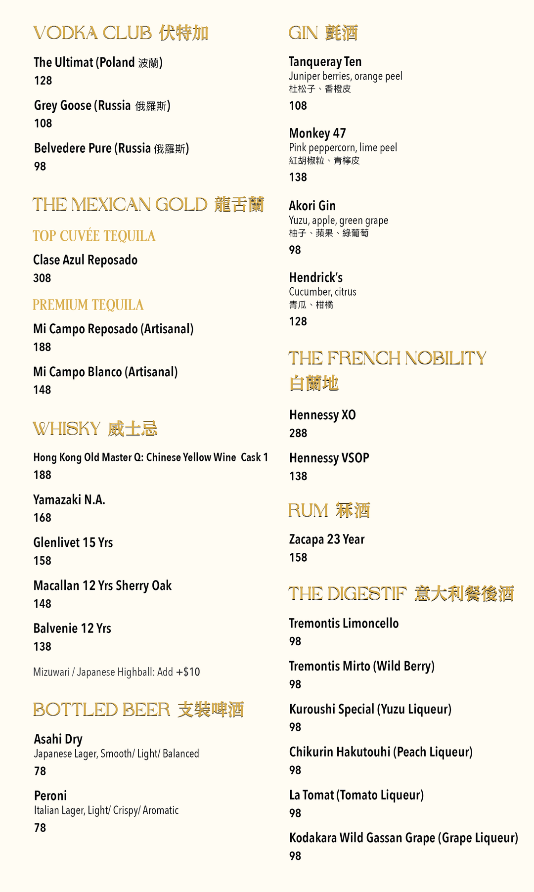 Porterhouse Drinks List